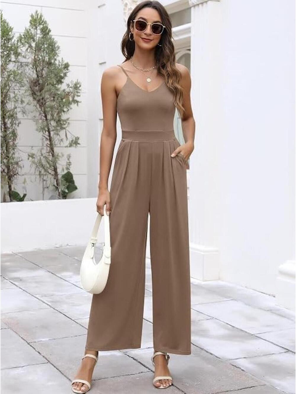 ANRABESS NWT Wide Leg Jumpsuit Brown Spaghetti Strap Palazzo Pants Flowy Resort